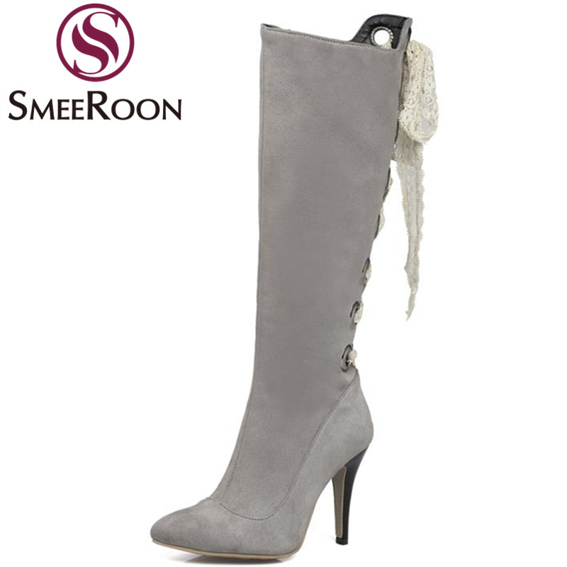 

Smeeroon woman knee high boots unique riband pointed toe winter boots fashion flock side zipper high heels womens shoes, Black