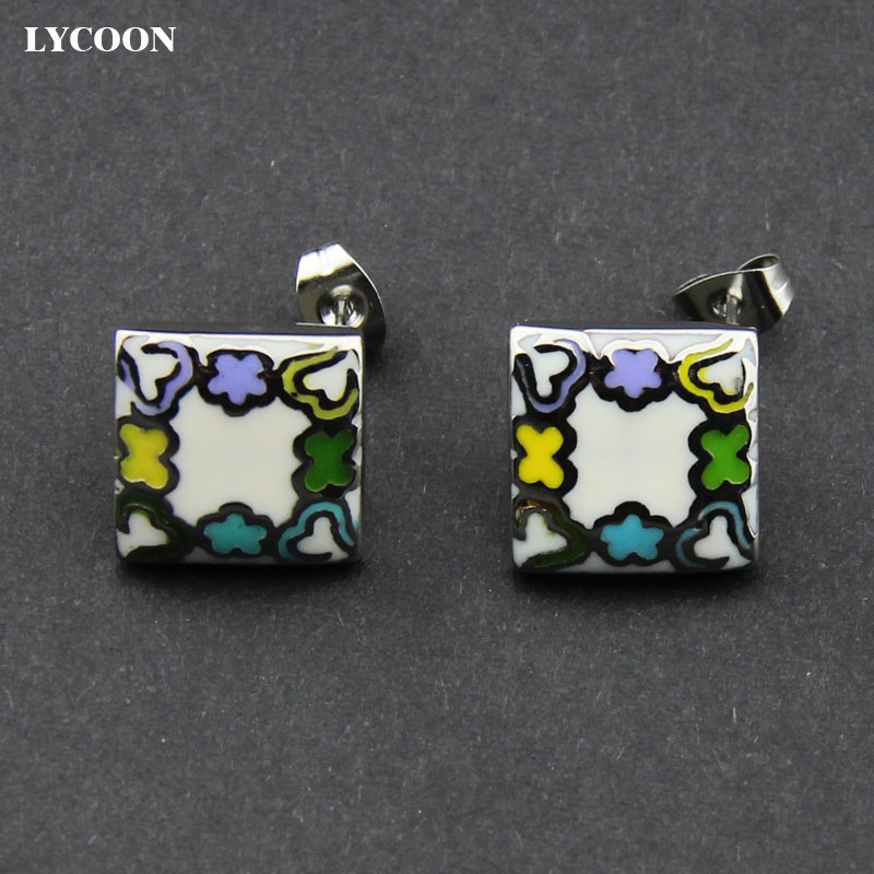 

LYCOON new stainless steel square style lady white Stud Earrings with colorful flower resin enamel earrings for women LYS019