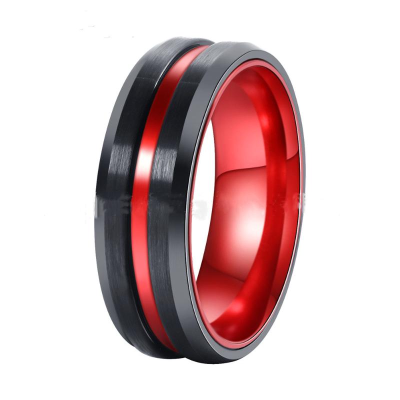 

FDLK 8mm Black Stainless Steel Thin Red Line Wedding Band Ring Men's Jewelry