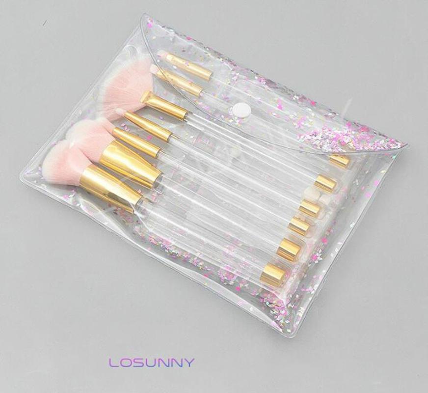 

LOSUNNY 7 Pcs Makeup Brush Sets Transparent Crystal Tubes Detachable DIY Assembly Hand On Manual Gold Handle Beauty tools