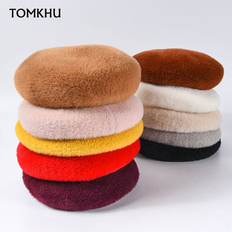 

Fashion Warm Winter Berets Great Quality Solid Color Thick Winter Women Hats Classical French Hat Female Soft Beanie Adjustable, White