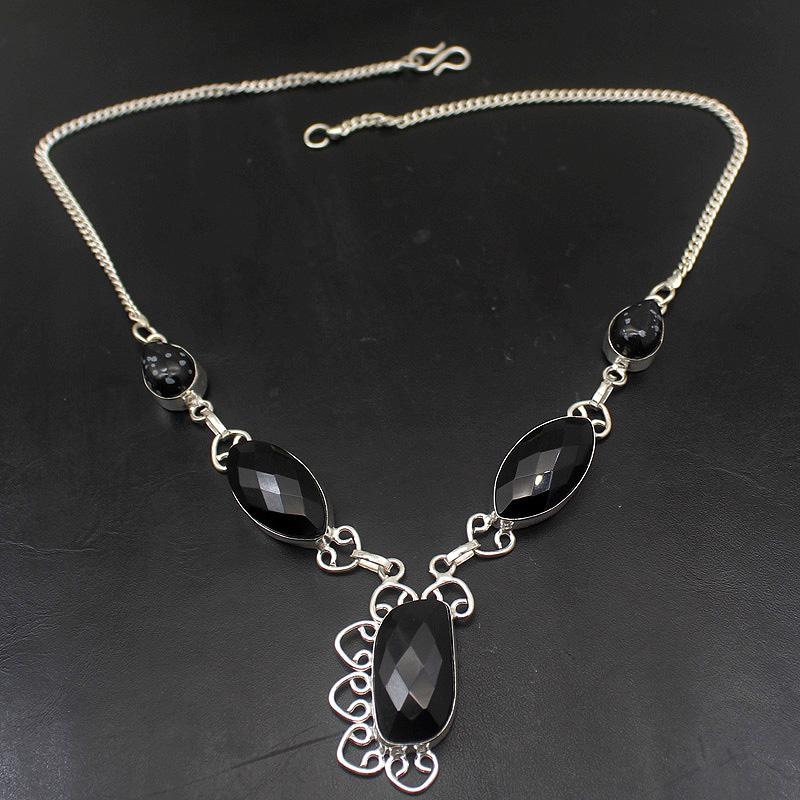 

Faceted Unique BlackOnyx Snowflake Obsidian Silver Color Women Necklace Chain 19 Inch HD211