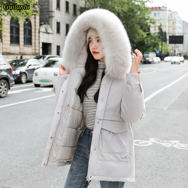 

Guilantu Winter Jacket Women Fur Collar Hooded Parka Mujer Plus Size Casaual Hoodies Coat Female Down Cotton Padded Short Parkas, Beige