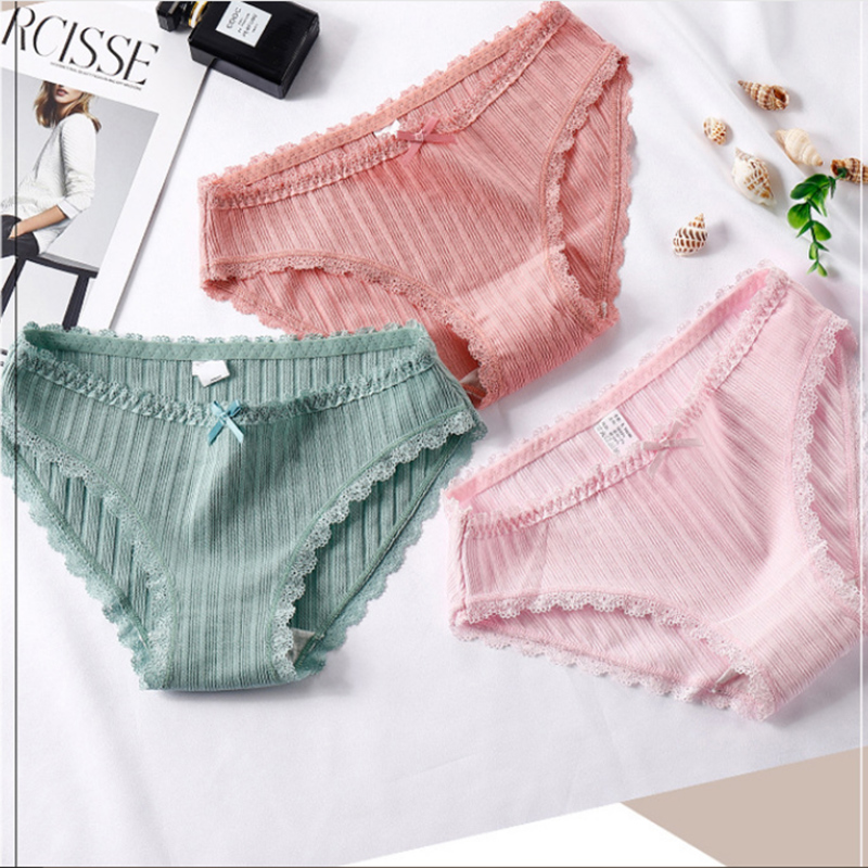 

WISH Threaded Cotton Underwear Women's Japanese Sexy Lace Side Large Size Briefs Panties 7 Colors, Red