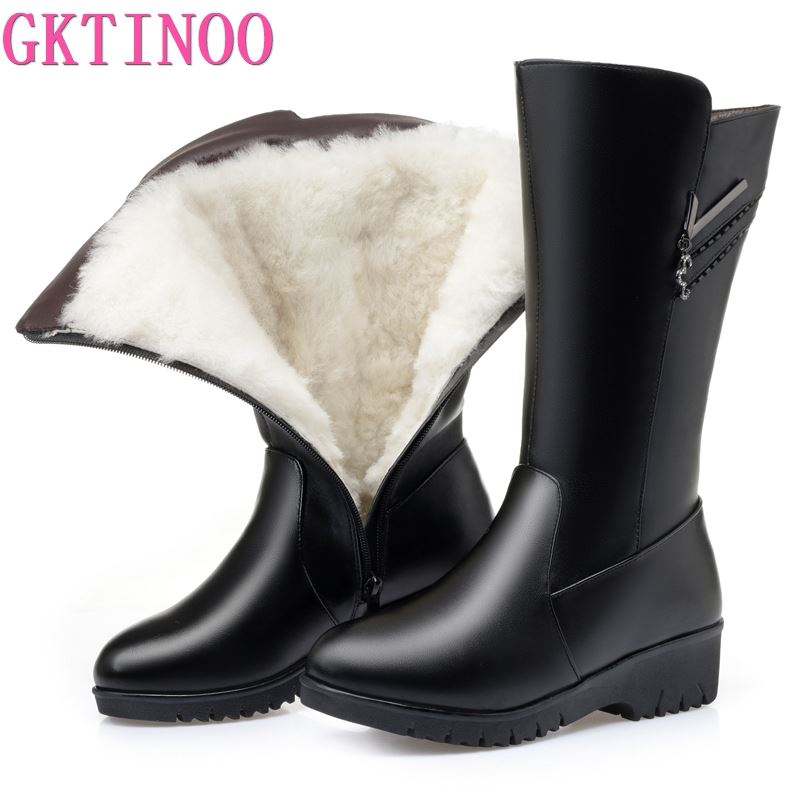 

GKTINOO Winter Boots Wool Fur Inside Warm Shoes Women Wedges Heels Genuine Leather Shoes Platform Snow Boots Footwear Botas, 6033 black plush