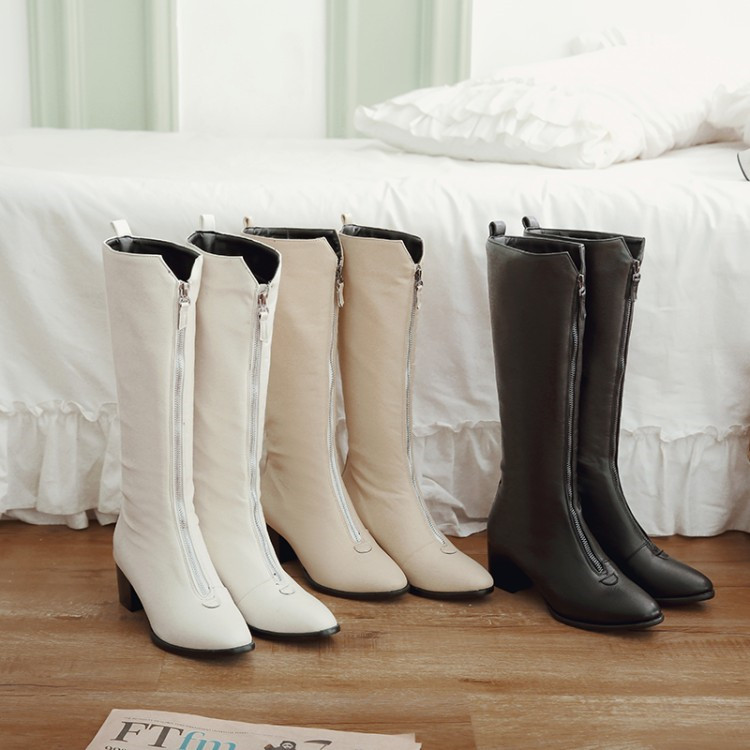 

PXELENA Chic Front Zipper Knee High Boots Female Shoes Block Square High Heels Riding Knight Long Boots Women Black White 34-43, Beige