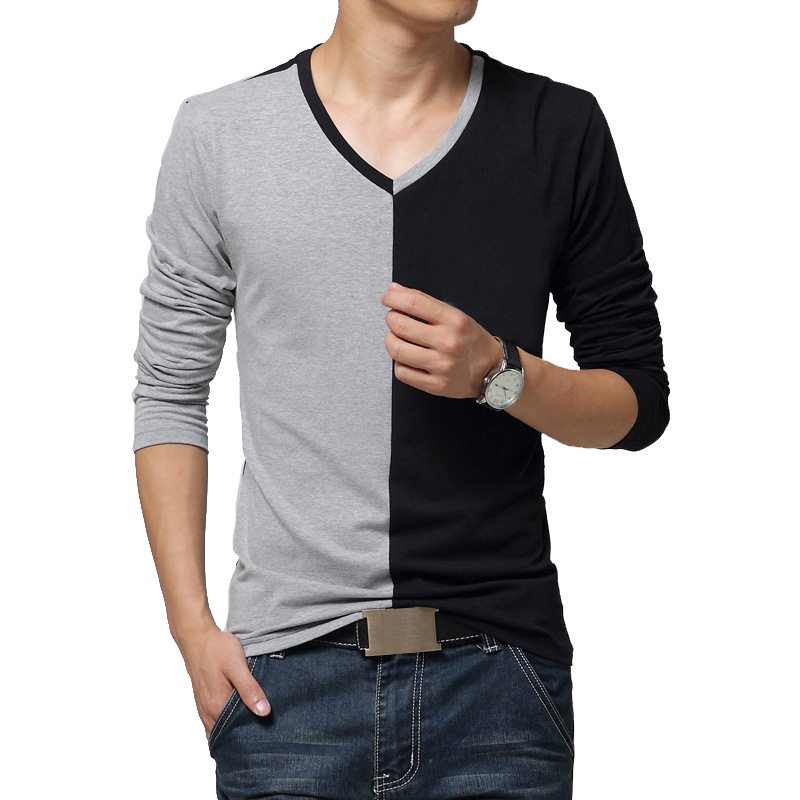 

2020 New Arrival Long Sleeve T Shirt Men V-neck Hit Color Design Cotton T Shirt for Men Plus Size M-5XL Cotton High Quality, Black