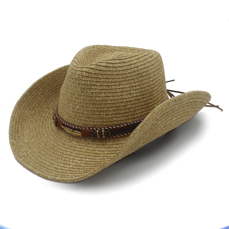 

2020 Summer Straw Women Men Hollow Sun Sun Hat With Fashion Leather Western Cowboy Hat, Khaki