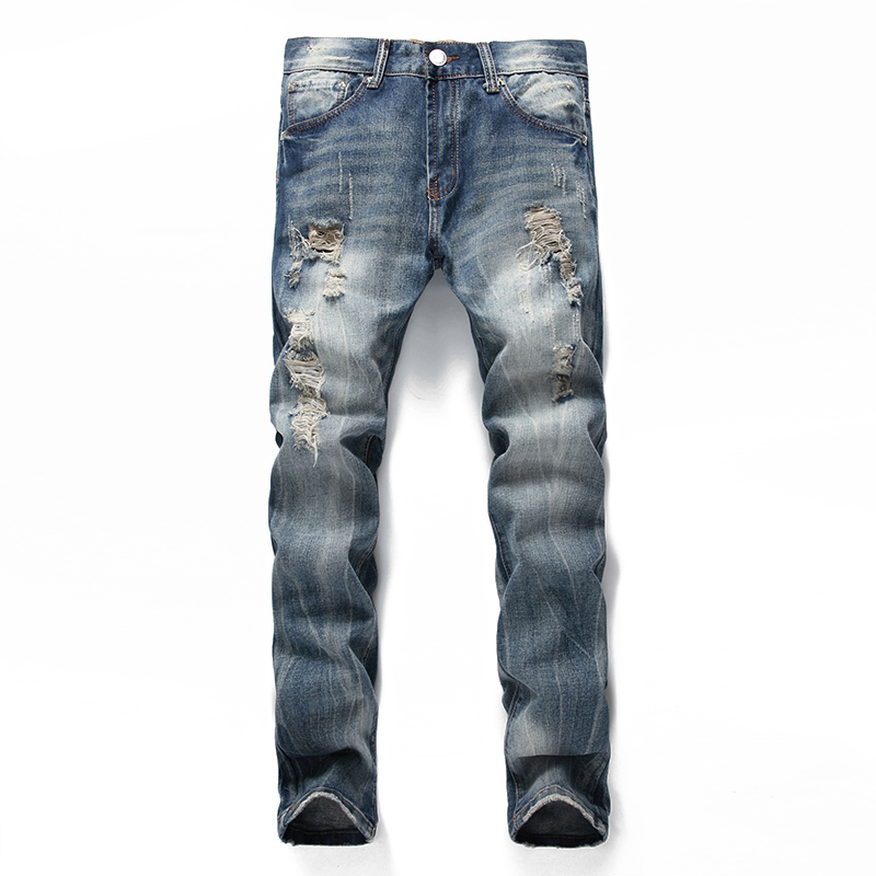 

Men Brand Flip Jeans Hole Men Striped Pants All Season Pants Destroyed Jeans Zipper Straight Distressed, Blue