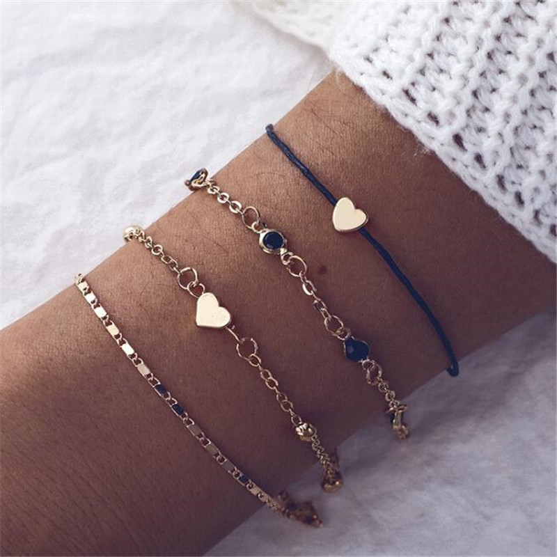 

Fashion 4Pcs/Set Charming Women's Chain Bracelet Adjustable Heart Round Bead Pendant Bracelet Ladies' Party Jewelry