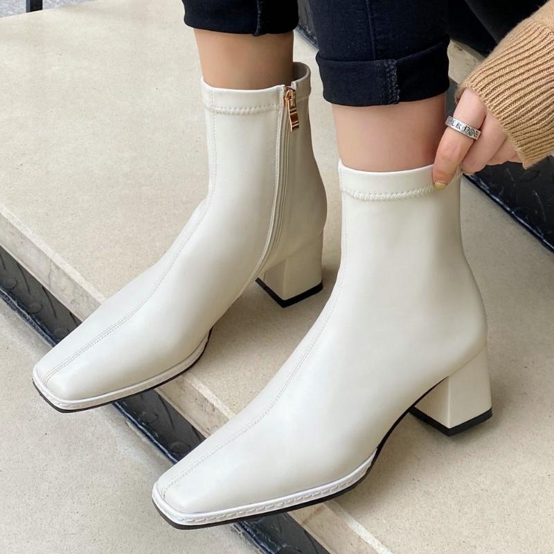 

Women Square Head High Heels Ankle Boots Zip Fall Winter Fashion Sewing Dress Black White Booties 2020
