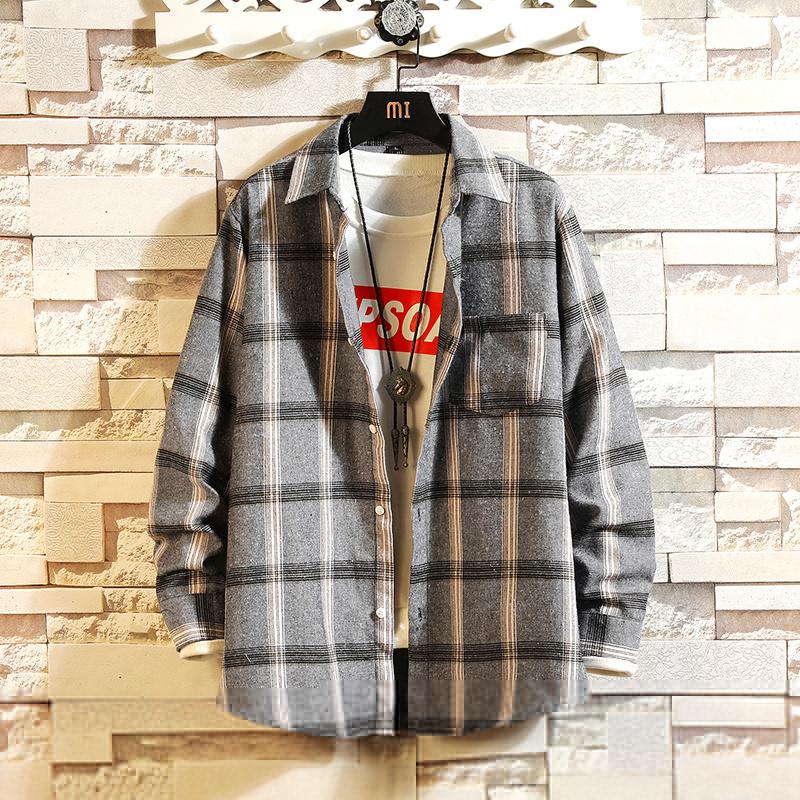 

2020 Spring Autumn Long Sleeves New Flannel Collar Korea STYLE Shirt For Men's Plaid Harajuku Clothing kg-42, Tx05 1