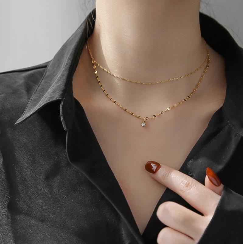 

YUN RUO Double Layer Zircon Pendant Necklace Yellow Gold Color 316 L Titanium Steel Jewelry Woman Gift Never Fade Hypoallergenic