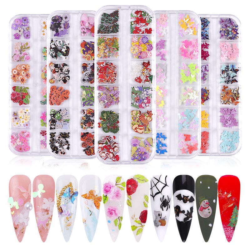 

12Grids/box Mixed Color Halloween Pattern Wood Pulp Nail Sticker 3D Butterfly Nail Art Butterfly Sticker DIY Art Tools