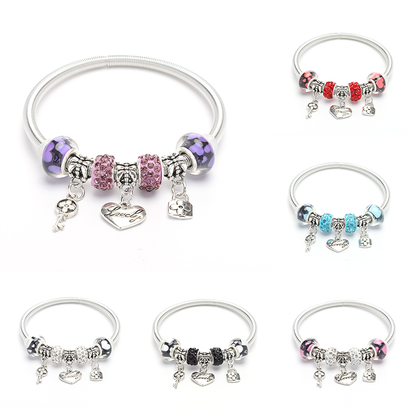 

Women's Elastic Bracelet Pendant Beads Geometric Elements Heart Charm Spring Bracelet Female DIY Jewelry Fine Child Girl