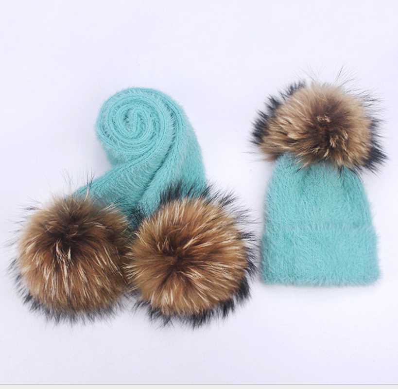 

NewParent-Child Winter hats Cute Baby fur Pompones Hat Scarf Sets Real Natural Fur Ball Caps Women Kids Warm Knitted Hats Winter, Purple 1ball