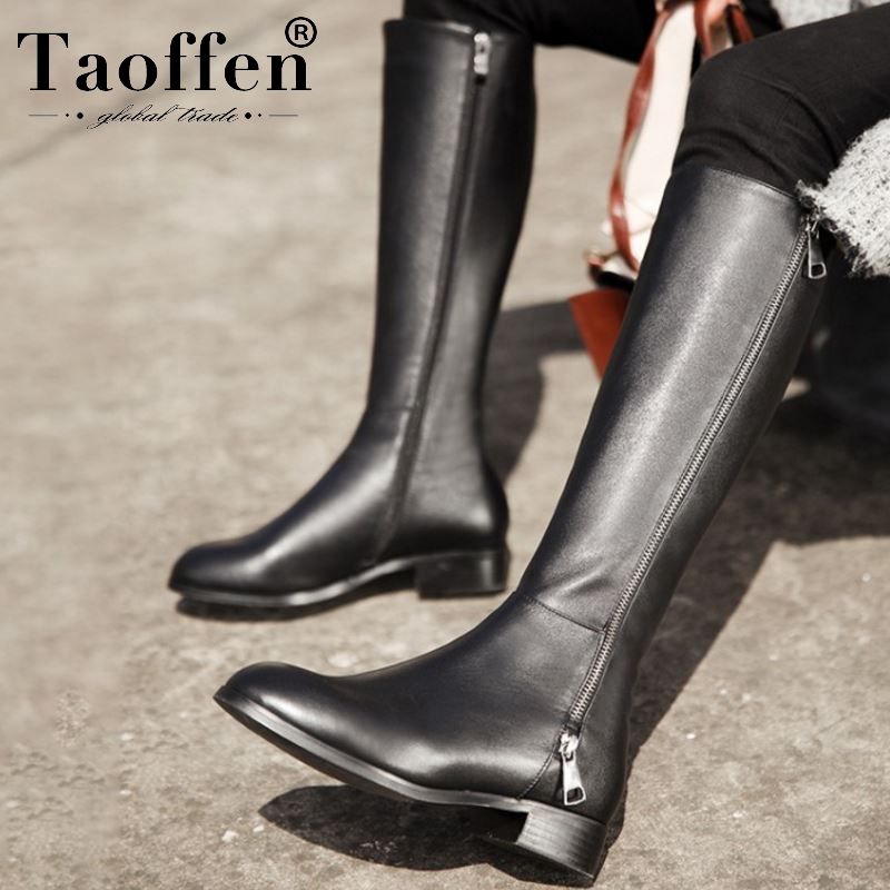 

Taoffen Casual Women Genuine Leather Knee High Boots High Quality Flats Round Toe Long Boots Zipper Fashion Footwear Size 34-39, Black without fur