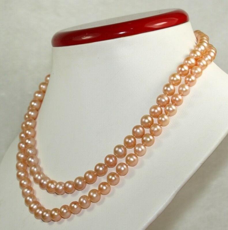 

Genuine 2 row strands 8-9mm natural freshwater pink pearl necklace 17" -18