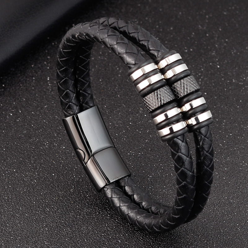 

Stainless Steel Accessories Multi-layer Hip Hop Rock Style Black Color Men's Leather Bracelet New Year Gift