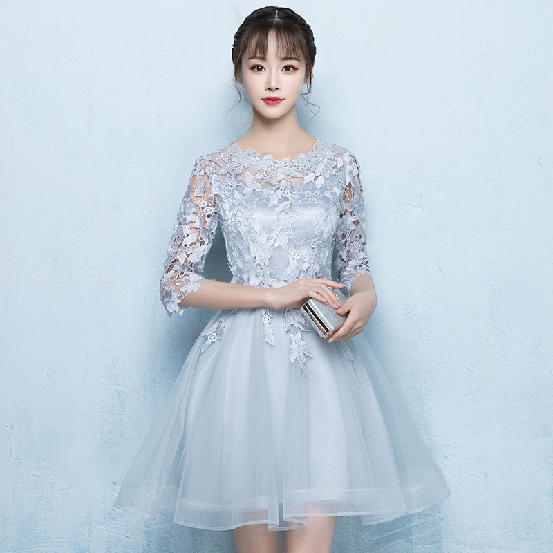 

Light Gray Womens O-Neck Mini Party Dress Sexy Evening Banquet Elegant Prom Lace Mesh Short Dress Gown Vestido -3XL, Champagne