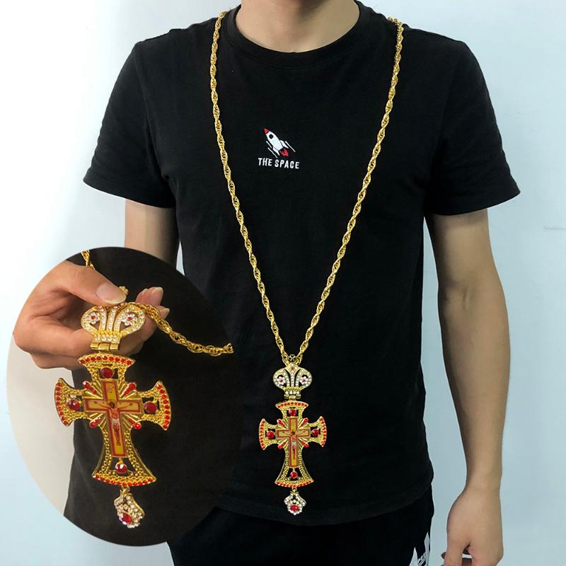

Crown Pectoral Cross Orthodox Jesus Crucifix Necklace Retro Religious crystal necklace Men and women chain Pendant Long