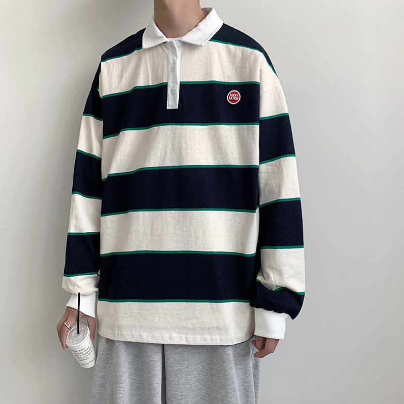 

2020 Men's Stripe Printing Pullover Lapel Collar Loose Student Coat Sweatshirt Cotton Casual Clothes Hoodies Big Size -5XL, Khaki