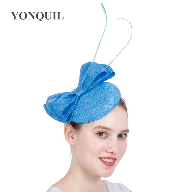 

New Light blue women wedding fascinator base hat with bow and ostrich quill Imitation sinamay party fascinator hat hair clips SYF127