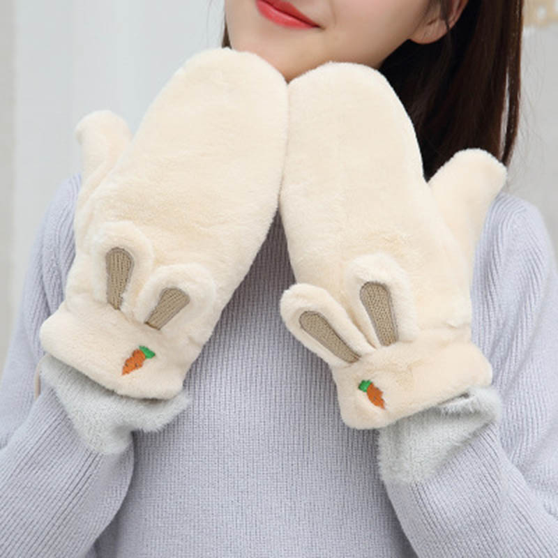 

Woman winter warm gloves Plus velvet thicken Full Finger carrot Embroidery Plush Gloves lovely ears driving E35