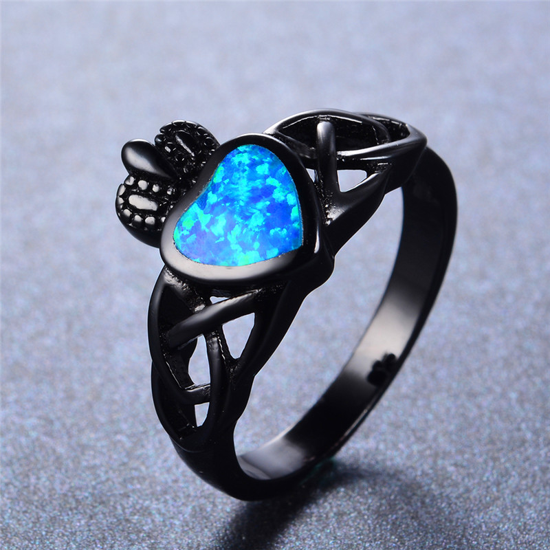 

Boho Female Blue Fire Opal Ring Vintage 14KT Black Gold Crown Wedding Rings For Women Promise Love Engagement Ring