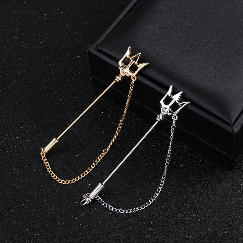 

Gold Badge Brooches Pins Sweater Suit Collar Long Chain Needle Lapel Pin Metal Jewelry Gift for Men Women Accessories