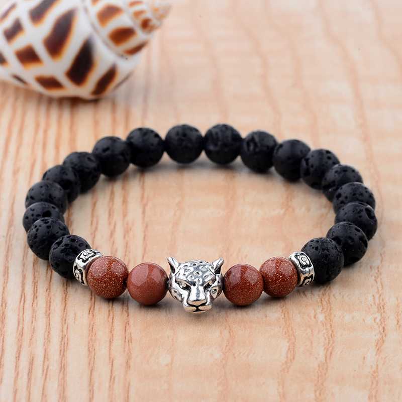 

Ethnic Silver Color Leopard Head Black Volcanic Lava Bracelets Men Fashion Handmade Elastic Bracelet For Women Homme AB238