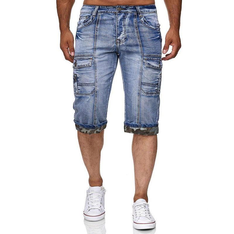 

KIMSERE Men' Cargo Denim Shorts With Multi Pockets Fashion Tactical Short Jeans For Man Summer Jean Shorts Washed Blue