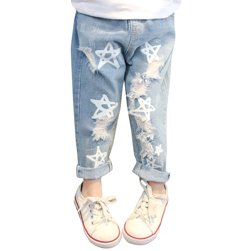 

Baby Girls Jeans Star Print Jeans Pants For Girls Elastic Waist Kids Jeans With Hole Autumn Novelty Clothes For Infant Girls, As picture3