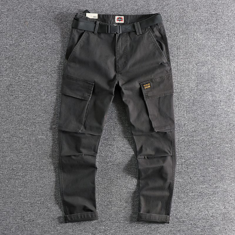 

2020 Autumn new three-dimensional Slim small straight tube Japanese overalls buckle belt versatile simple casual pants man 0543, Black