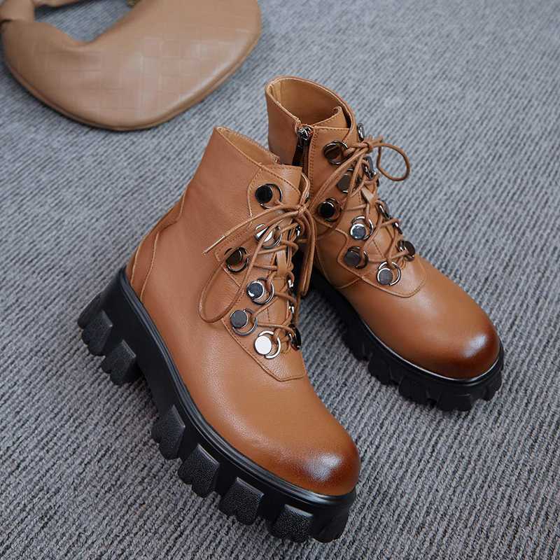 

new winter shoes women's ankle boots cow leather vintage platform shoes keep warm metal zipper motorcycle boots, Black