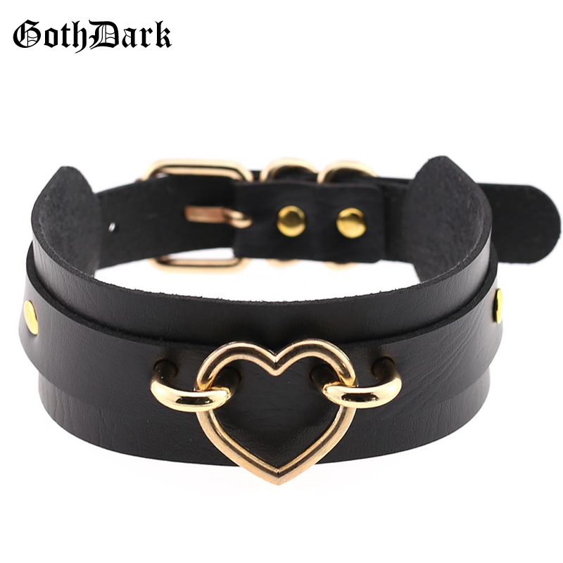 

Goth Dark Leather Metal Gold Heart Choker Necklace Gothic Fashion Women Necklaces Harajuku Torque Punk Buckle Streetewear 2020
