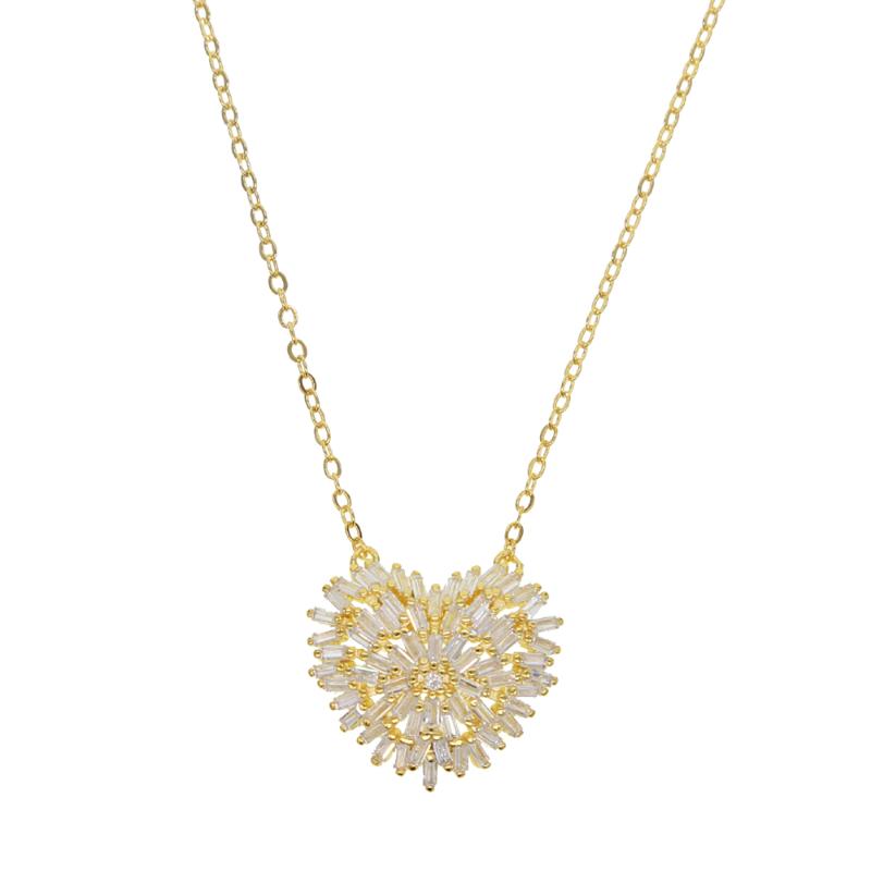 

Gold colors 41+5cm baguette firework cz sparking bling Heart pendant necklace for girlfriend