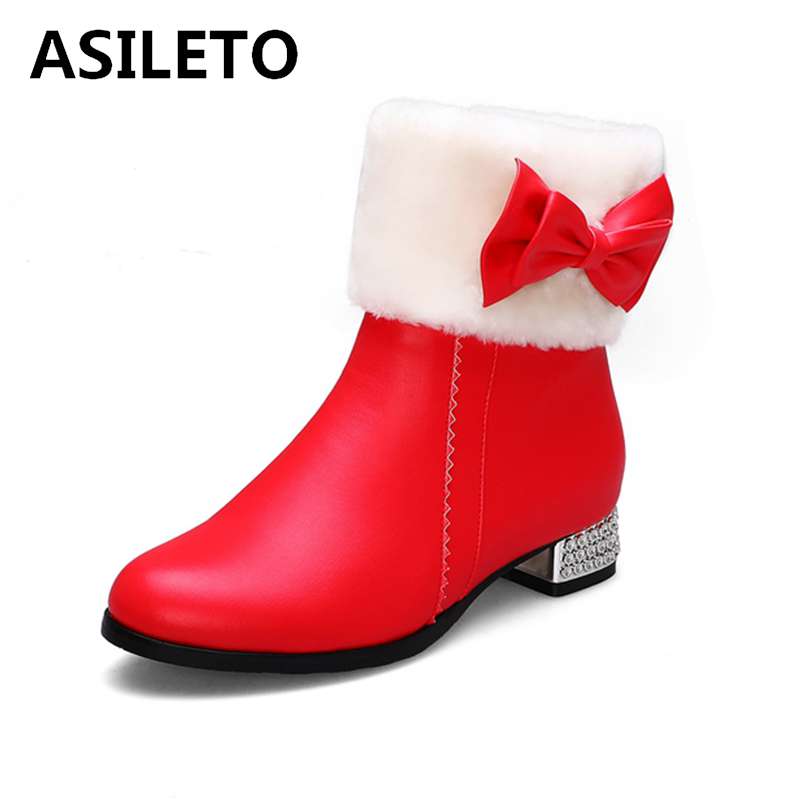 

ASILETO large size 28-43 sweet winer snow boots women bowtie crystal heels warl plush ankle booties zipper bottines mujer botas, Black pu inside