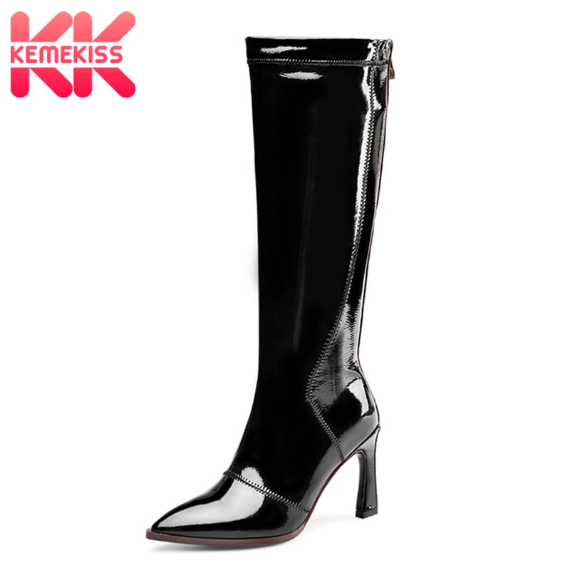 

KemeKiss Women Knee High Boots Real Leather Fashion Mixed Color Shoes Women Winter Pointed Toe Thin Heels Footwear Size 33-43, Black