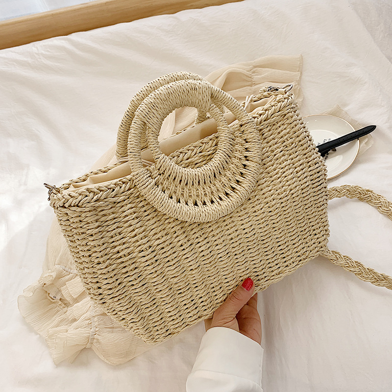 

Woven Rattan Tote Bag Round Handle Straw Shoulder Bag Large Beach Handbag Women Summer Weaving Handmade Messenger Crossbody Bags, Beige
