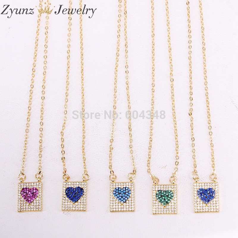 

10 Strands ZYZ330-3341 Heart in Rectangle pendant necklace Slim chain necklace micro pave CZ Pendant jewelry gift