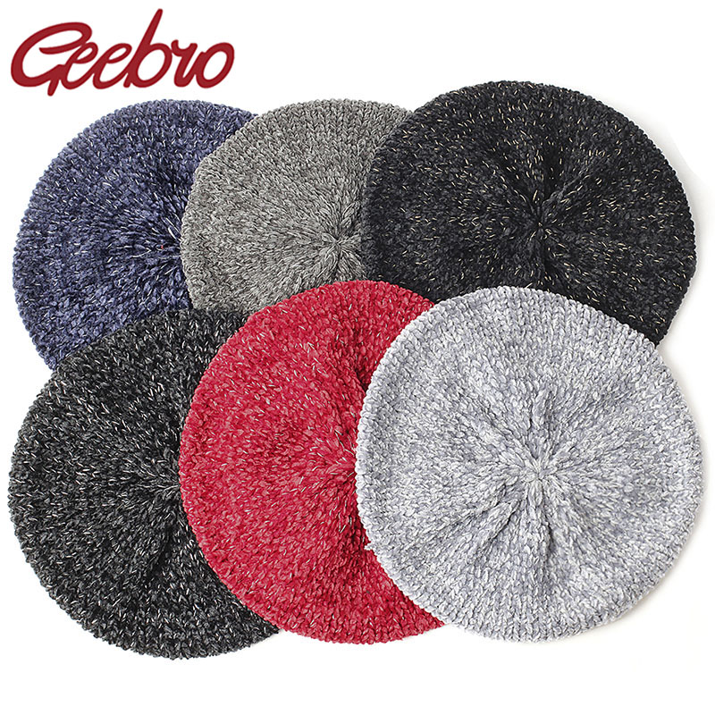 

Geebro New Stylish Berets Chenille Material Winter Berets For Women Warm Knitted Hat Female Autumn Painter Caps Lady warm hats, Gray silver
