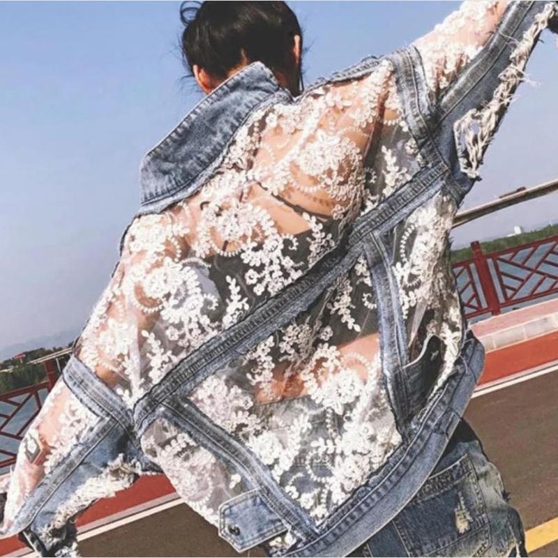 

Organza Spring Fashion Streetwear Lace Patchwork Denim Jacket Women Embroidery 2020 Summer Patchwork Loose Jean