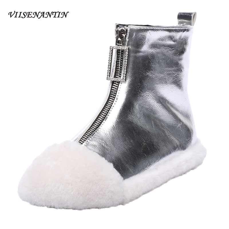 

VIISENANTIN Super Hot Lady Flat Boots Front Rhinestone Zipper Silver Gold PU Leather Bota Lamb Fur Warm Short Plush Winter Boot