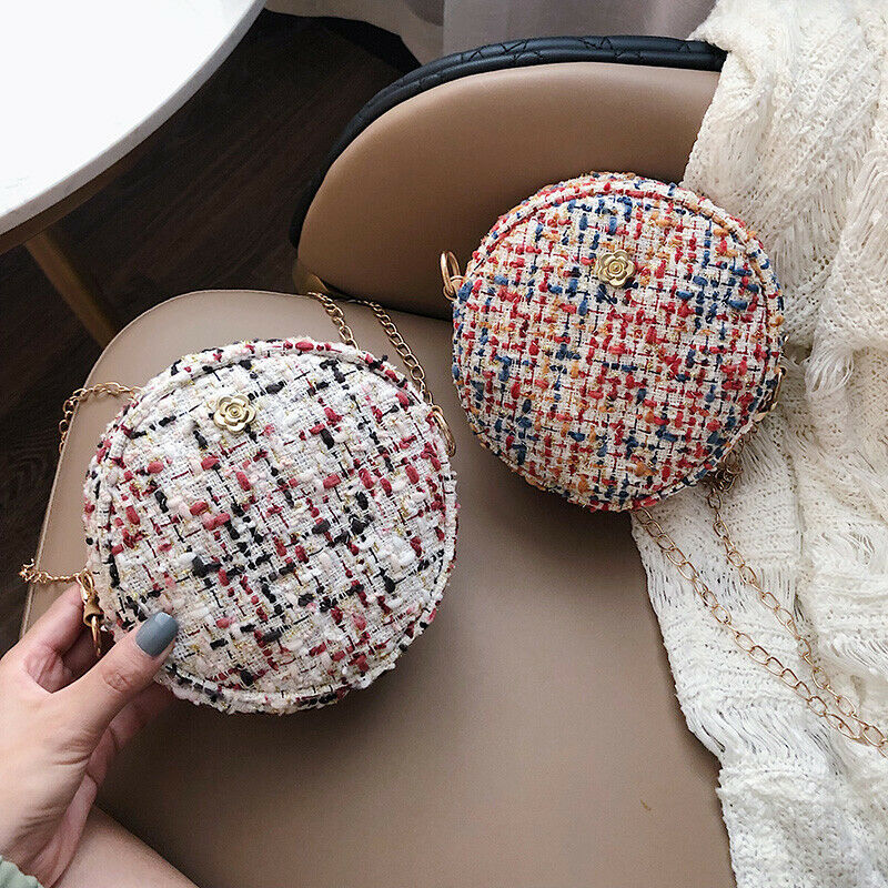 

Fashion Women Korean Style Woolen Handbag Summer Beach Tote PU Bag Round Circular Chain Shoulder Bags, Red