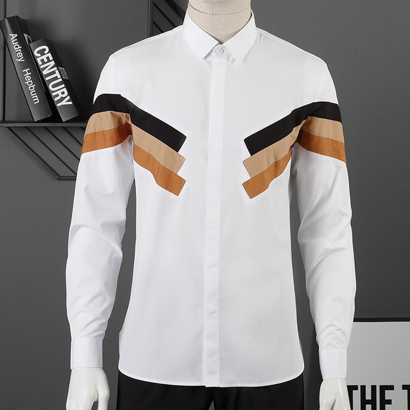 

100% Pure Cotton Men Shirt Trendy Long sleeve Slim Patchwork Camisas social masculina Casual Business male dress Shirts, White