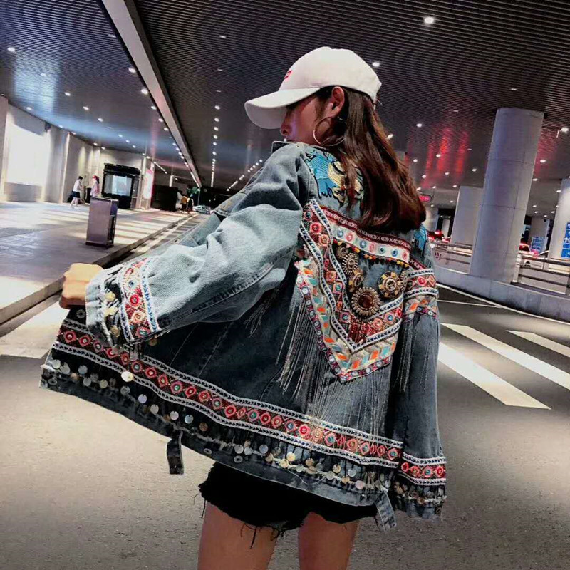 

Bohemian Floral Embellished Denim Jacket Women 2020 Autumn & Winter Jacket Coat Female Folk Appliques Chic Women Outwear Y304, Blue