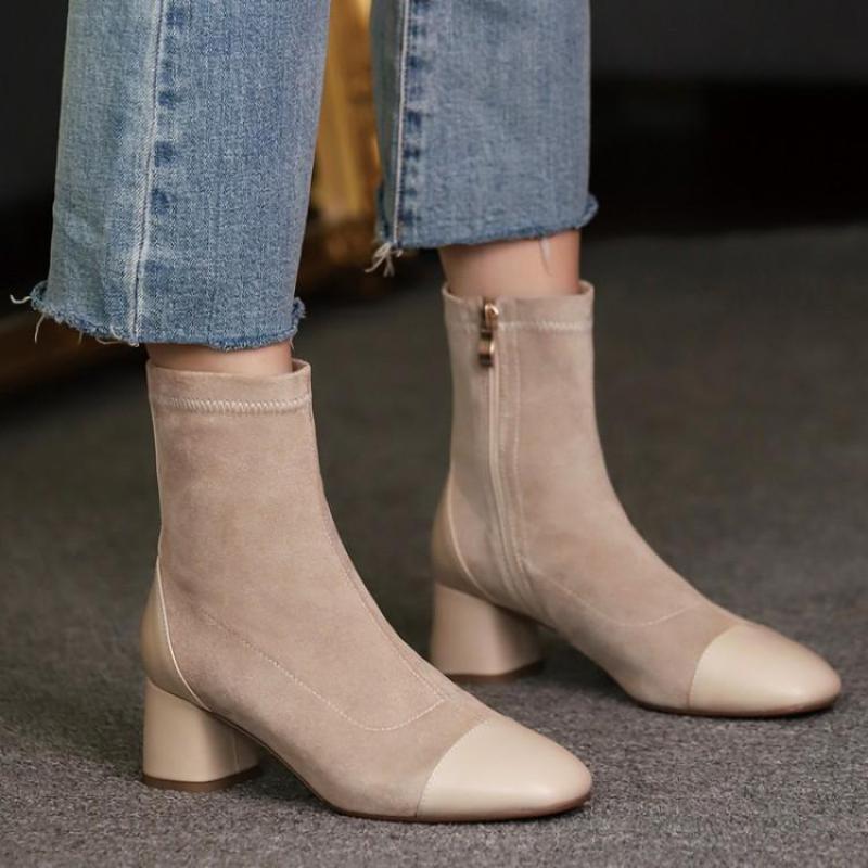 

Black Ankle Boots For Women 2020 New Short Boots Medium Heel Elastic Socks, Beige