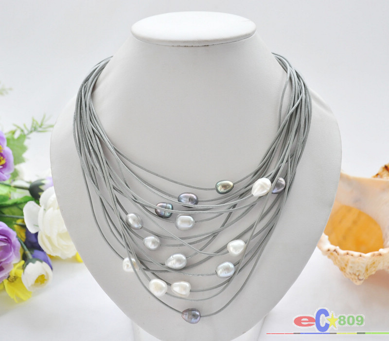 

P5214 15row 20" 13mm rice pearl leather necklace