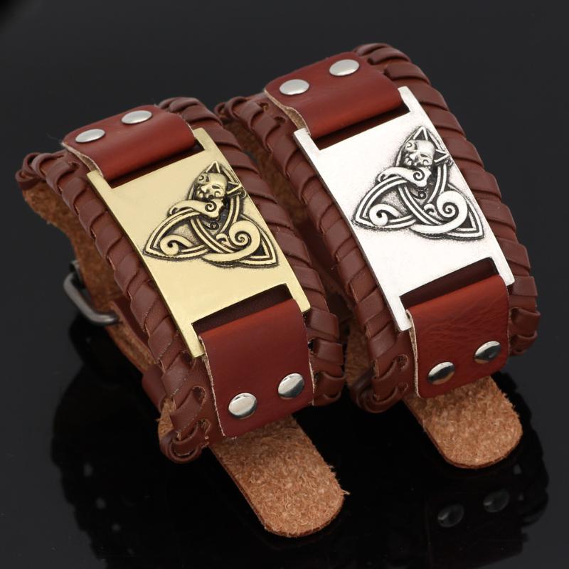 

slavic cat pendant leather amulet bracelet -adjustable size 19-26 cm